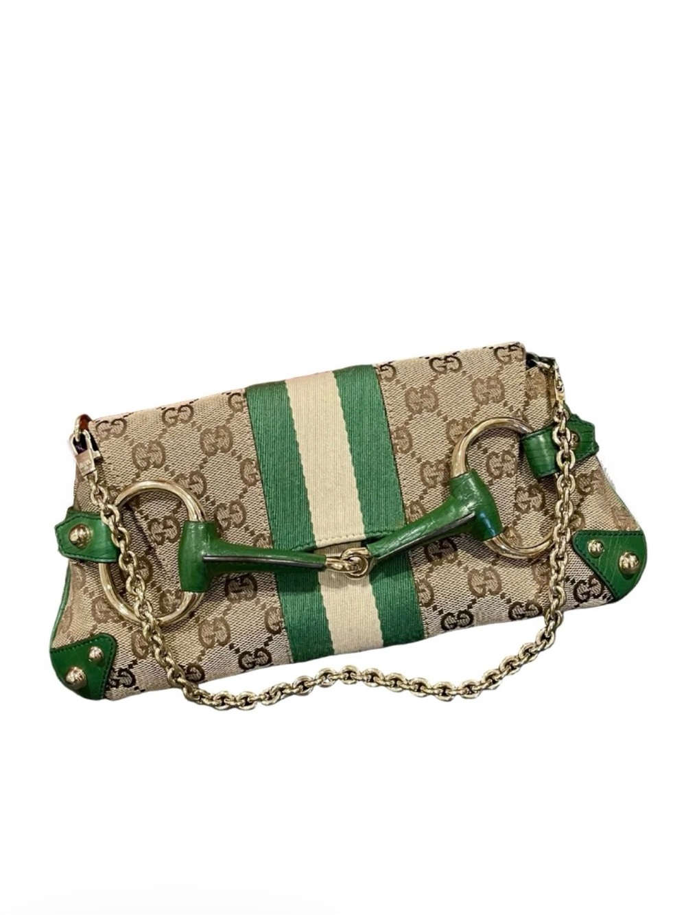 Gucci Green and Cream GG Canvas Shoulder Bag with Horsebit - Picture 13 of 13